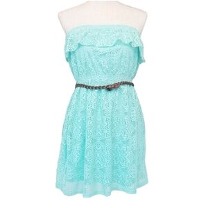 * No Boundries Mint Blue Green Faux Leather Belted Sleeveless Lace Dress